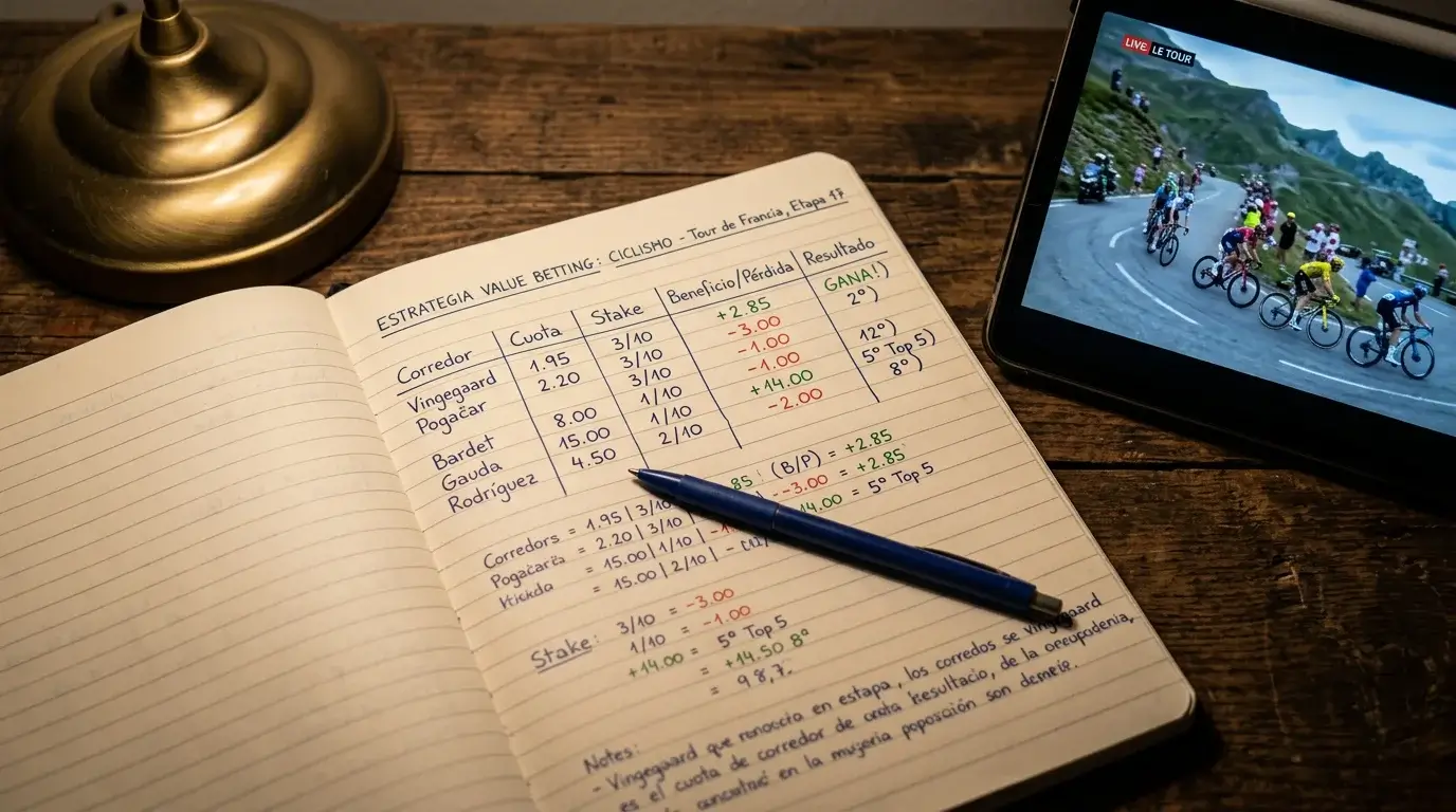 Cuaderno con anotaciones de estrategia de apuestas junto a una pantalla mostrando cuotas de ciclismo