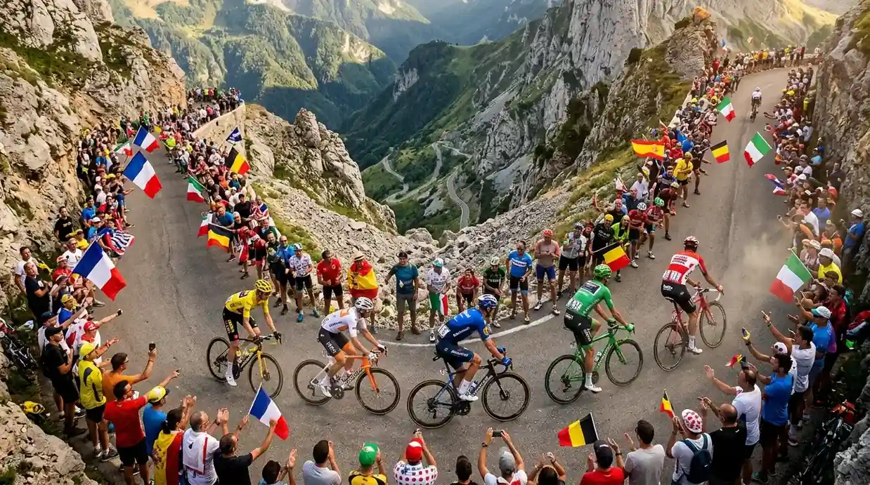 Ciclistas profesionales ascendiendo un puerto de montaña durante una Gran Vuelta