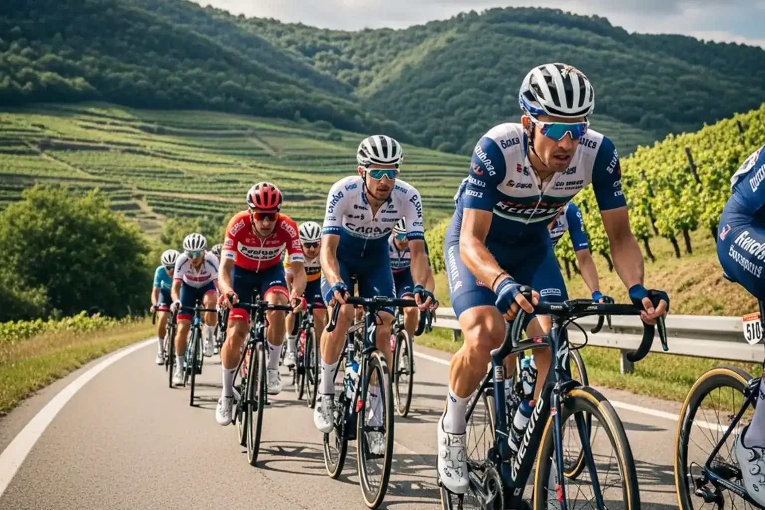 Pelotón ciclista compacto rodando por una carretera de montaña durante una etapa profesional